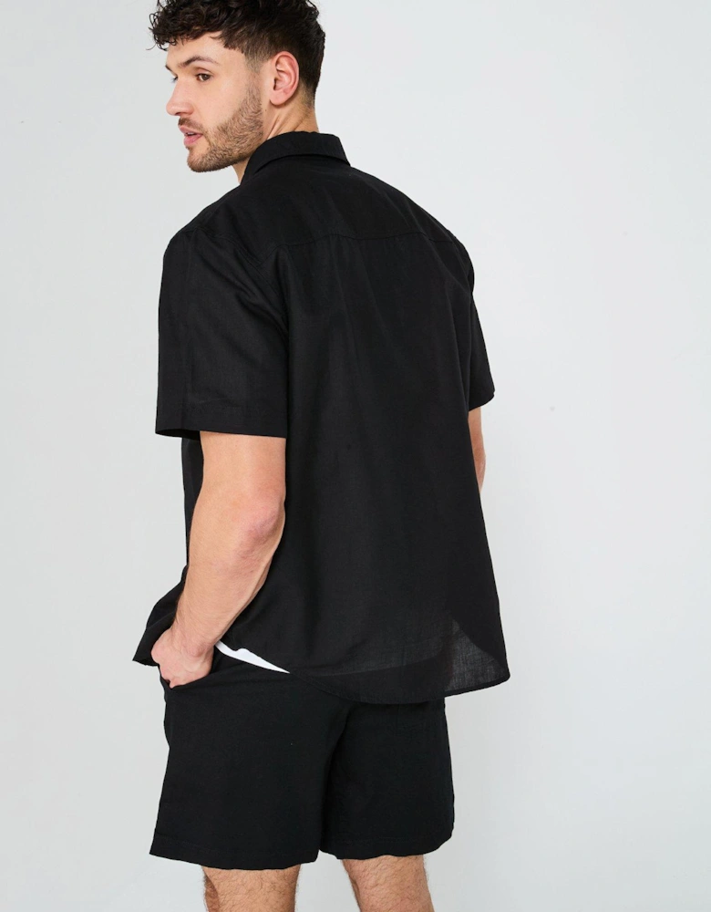 Linen Cotton Short Sleeve Shirt - Black