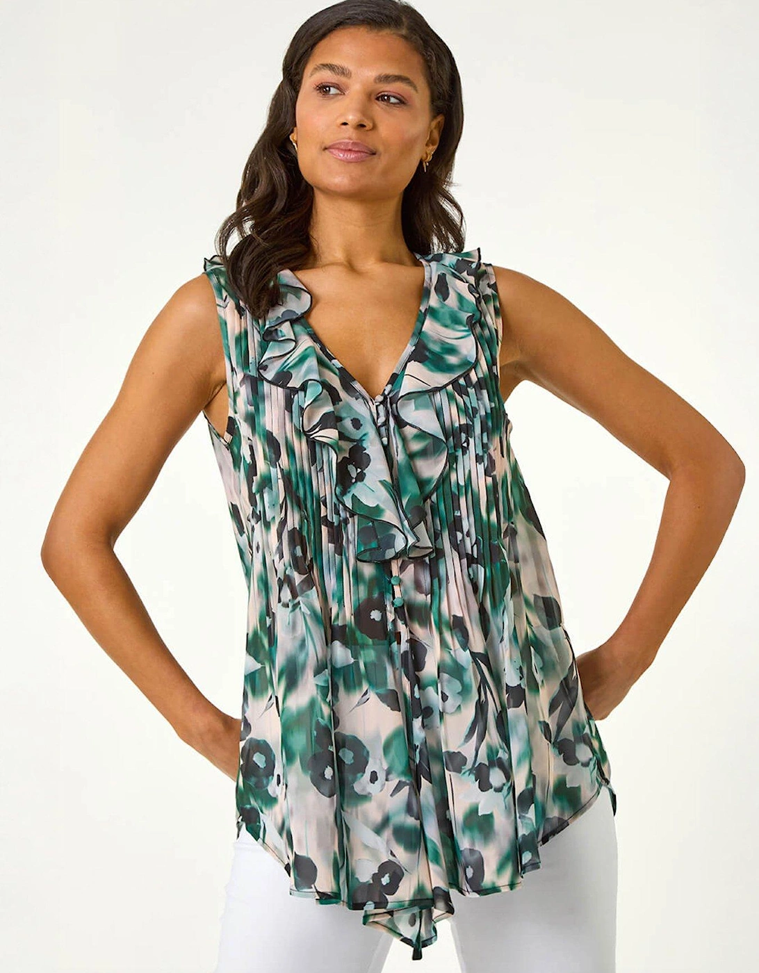Abstract Print Frill Pintuck Detail Top - Green, 2 of 1