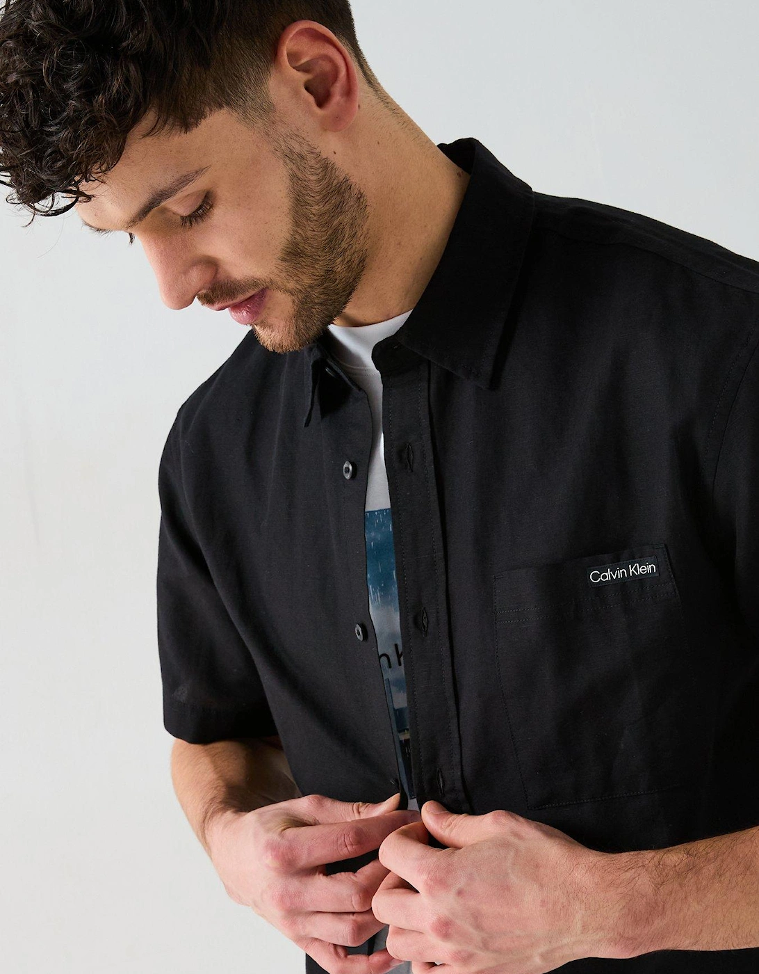 Linen Cotton Short Sleeve Shirt - Black