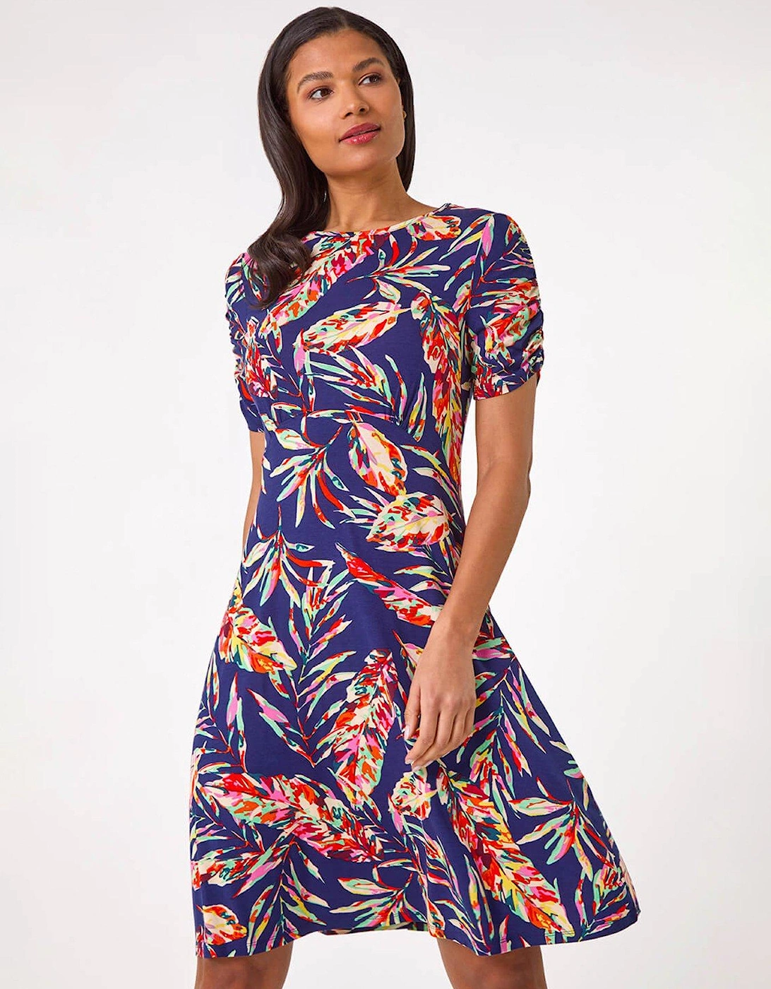 Leaf Print Short Dress - Navy, 2 of 1