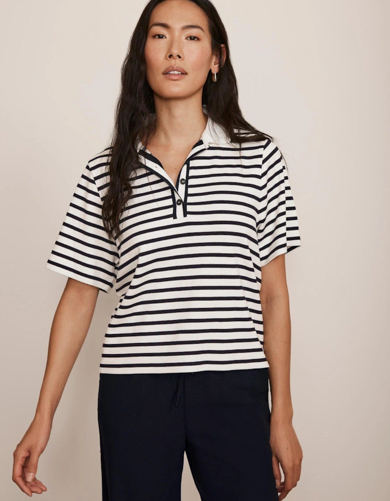 Stripe Collar Polo Top - Navy