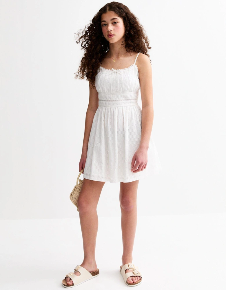 Girls Lace Insert Fitted Waist Mini Dress - White