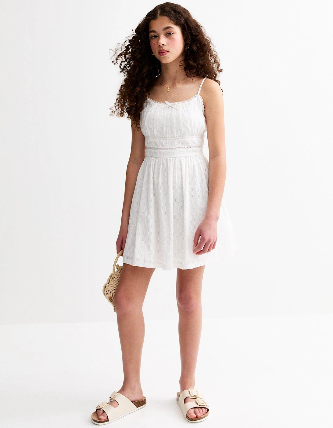 Girls Lace Insert Fitted Waist Mini Dress - White