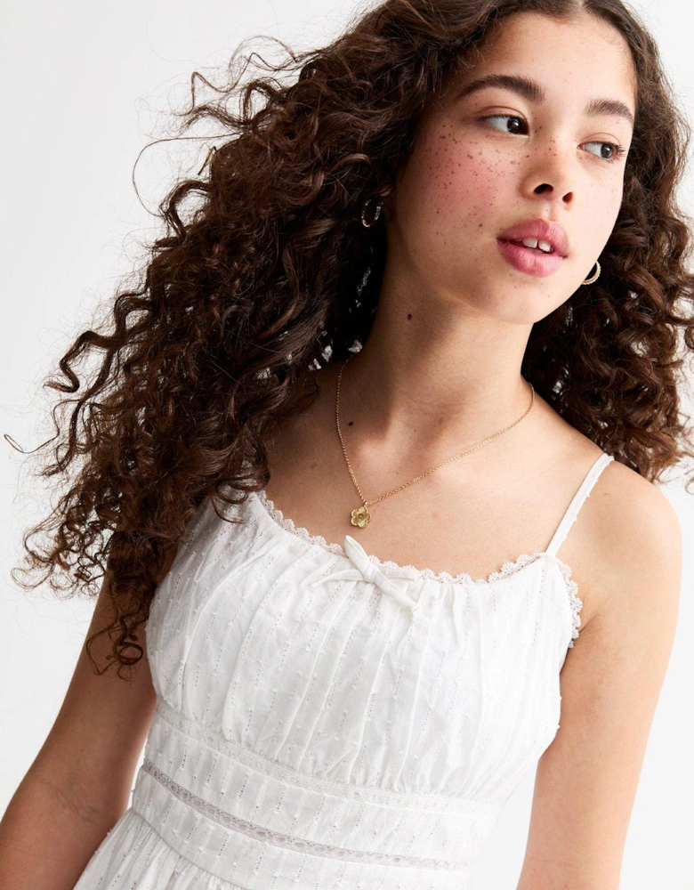 Girls Lace Insert Fitted Waist Mini Dress - White