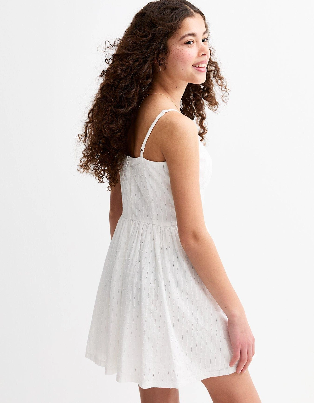 Girls Lace Insert Fitted Waist Mini Dress - White