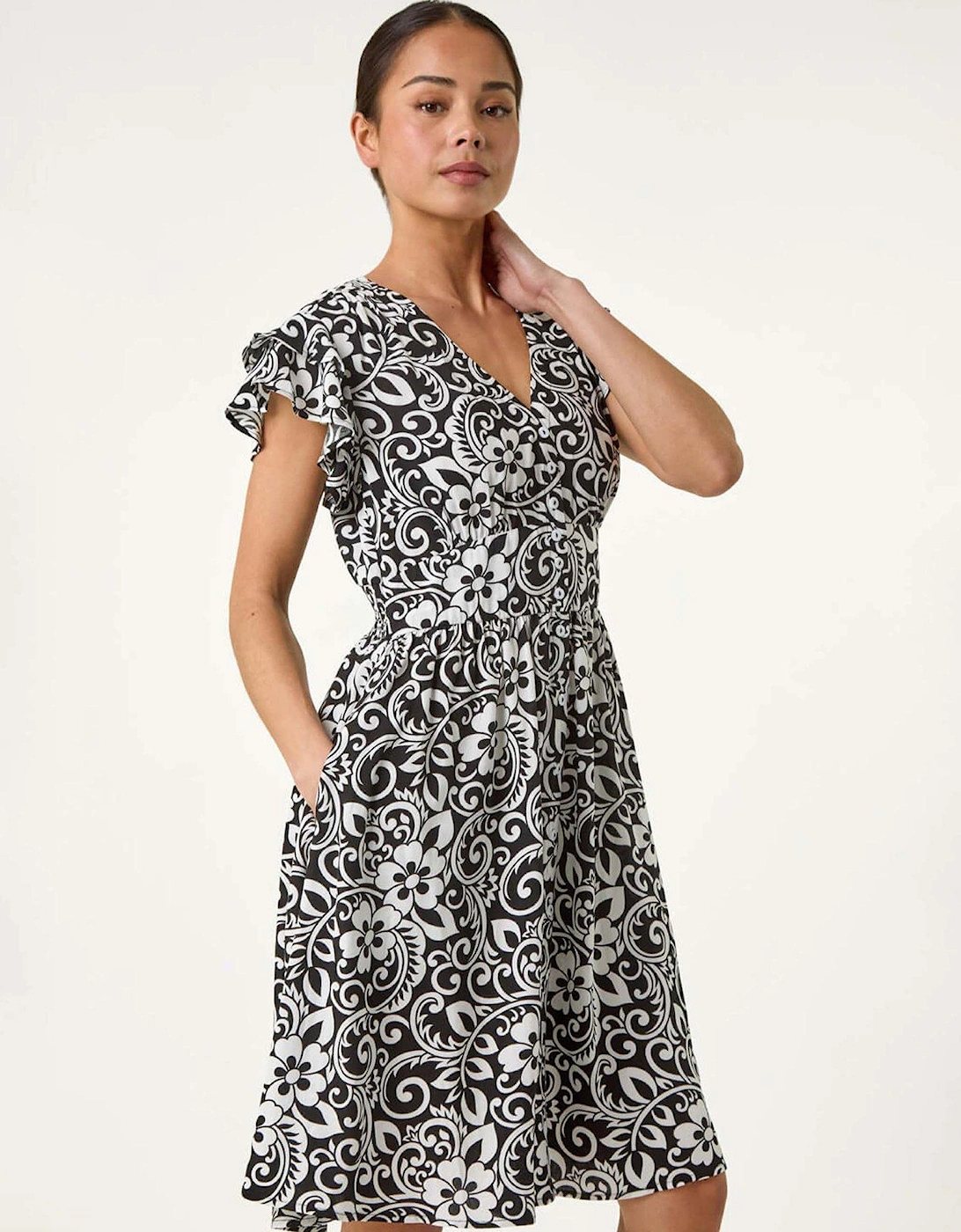 Petite Floral Print Button Frill Dress - Black, 2 of 1