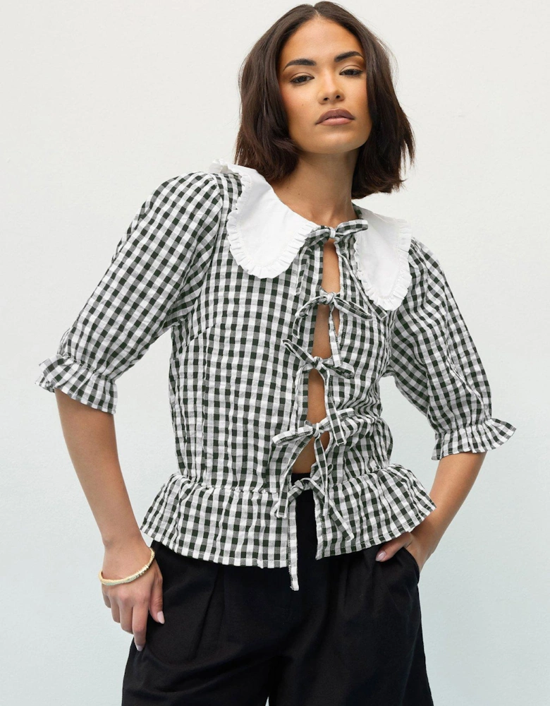 Petite Gingham Collar Tie Front Top