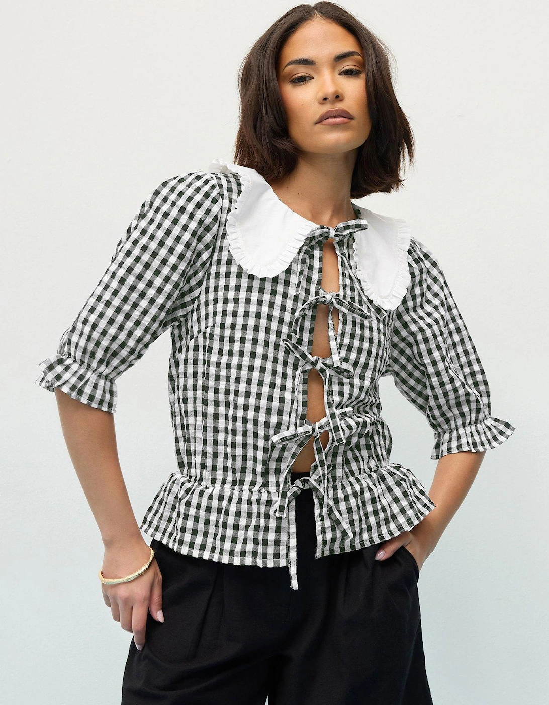 Petite Gingham Collar Tie Front Top, 2 of 1