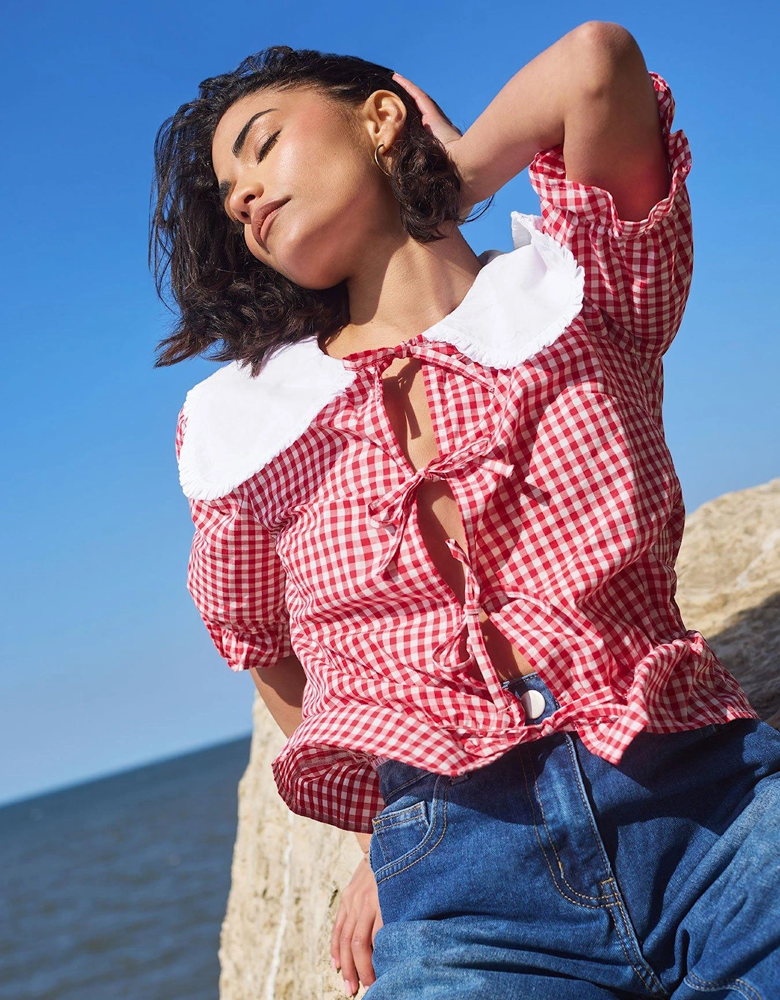 Petite Gingham Collar Tie Front Top, 2 of 1