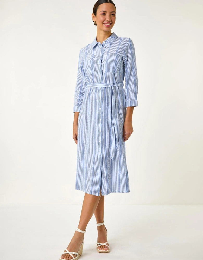 Textured Stripe Belted Shirt Dress