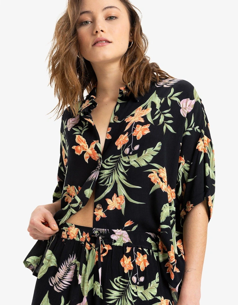 Womens Beach Nostalgia Crinkle Short Sleeve Top - Black
