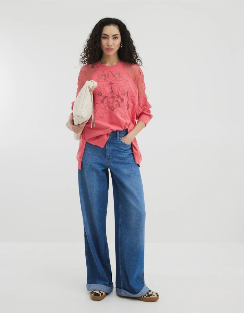 Cutwork Floral Sweatshirt - Coral