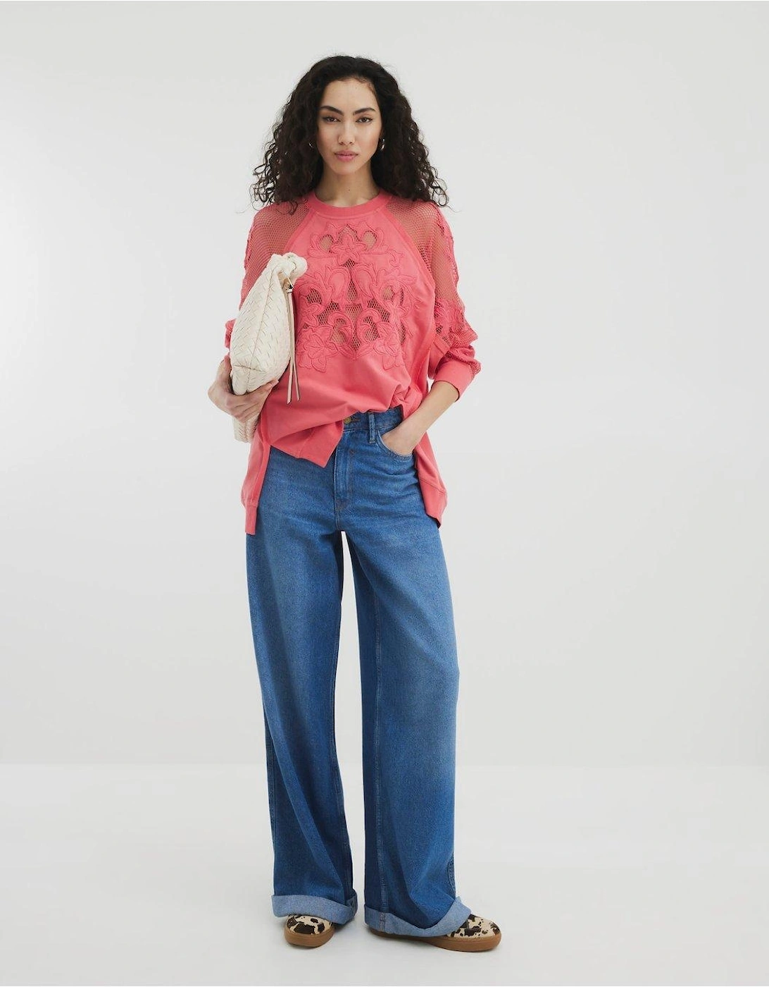 Cutwork Floral Sweatshirt - Coral