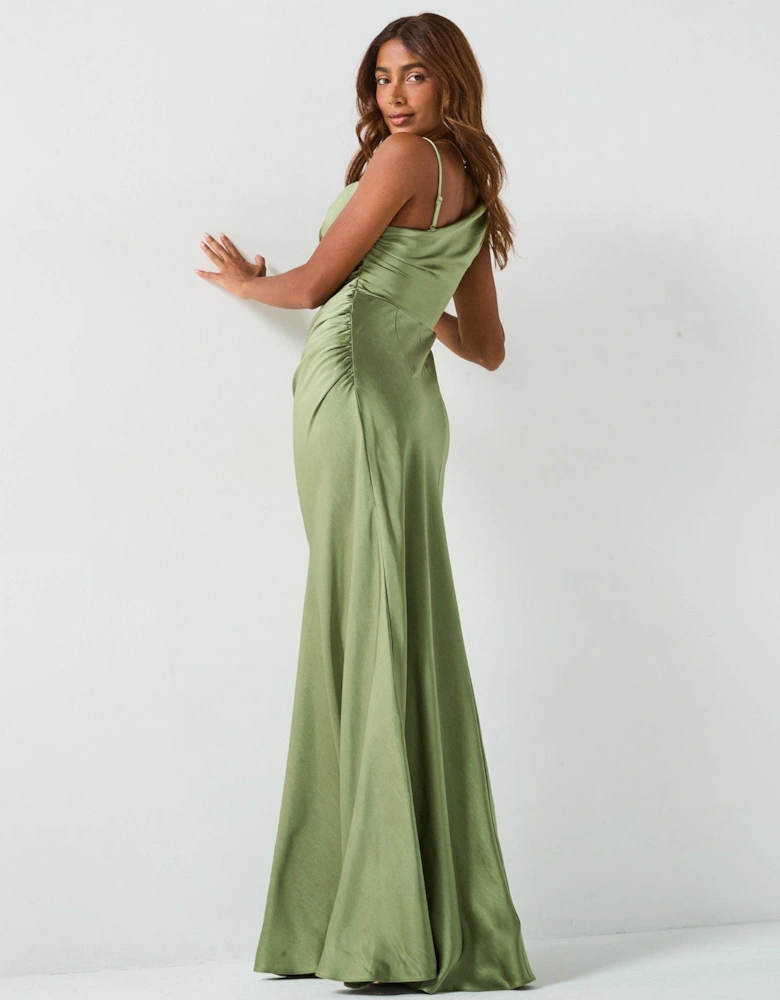 Cowl Front Asymmetrical Satin Bridesmaid Dress  - Moss
