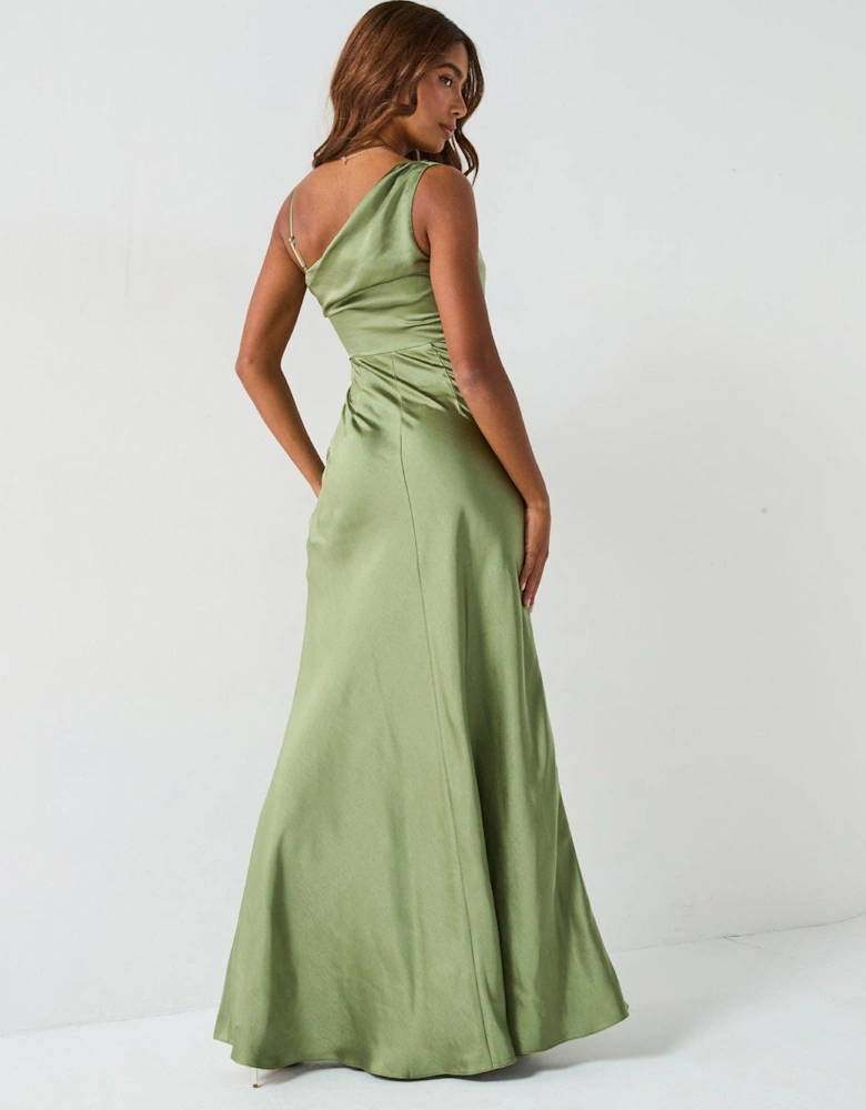 Cowl Front Asymmetrical Satin Bridesmaid Dress  - Moss
