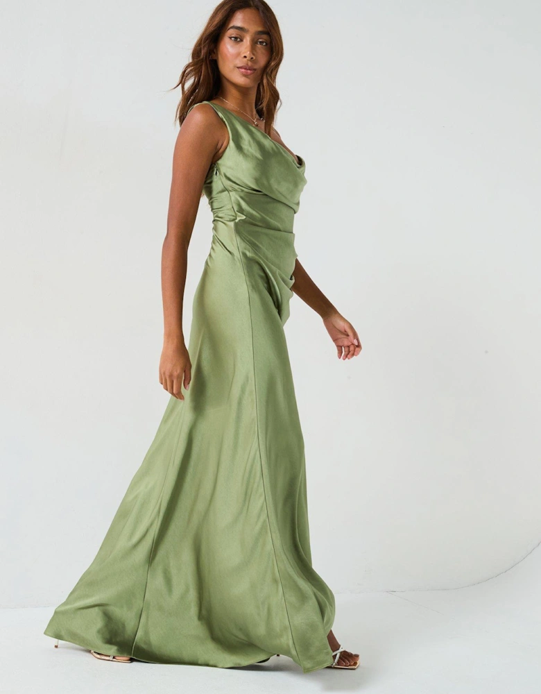 Cowl Front Asymmetrical Satin Bridesmaid Dress  - Moss