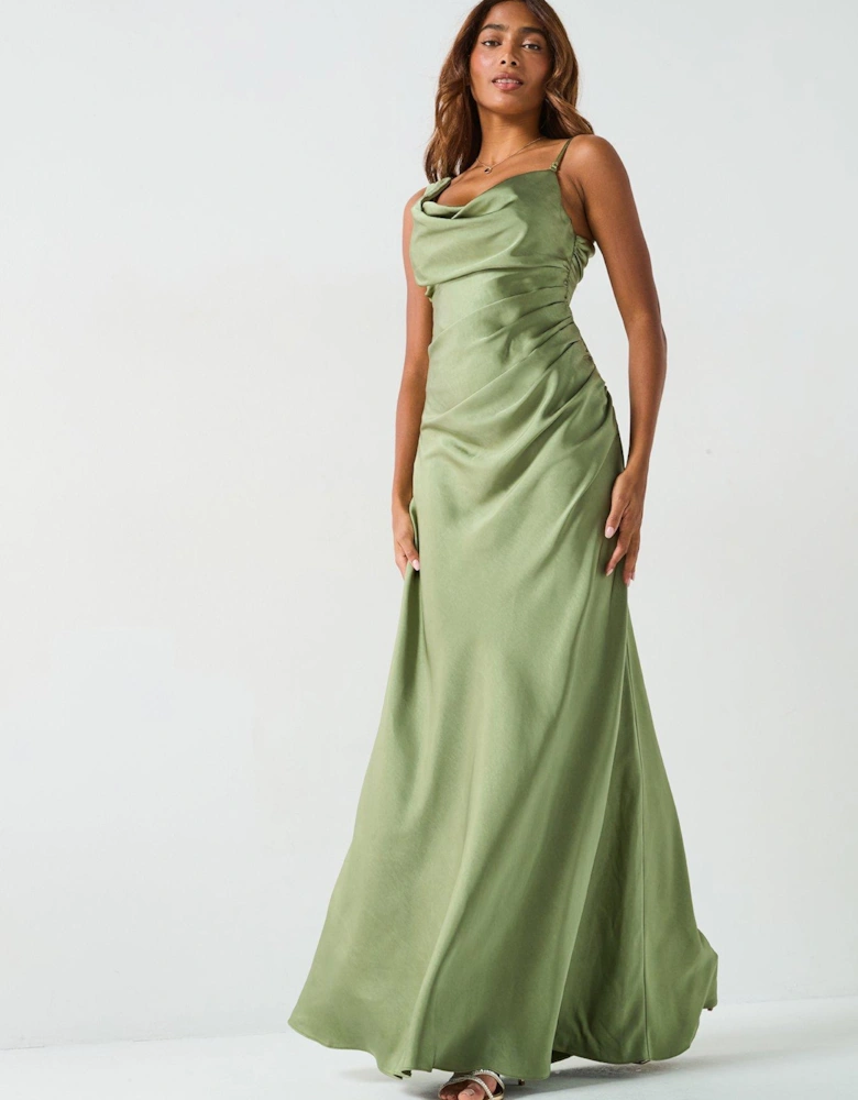 Cowl Front Asymmetrical Satin Bridesmaid Dress  - Moss