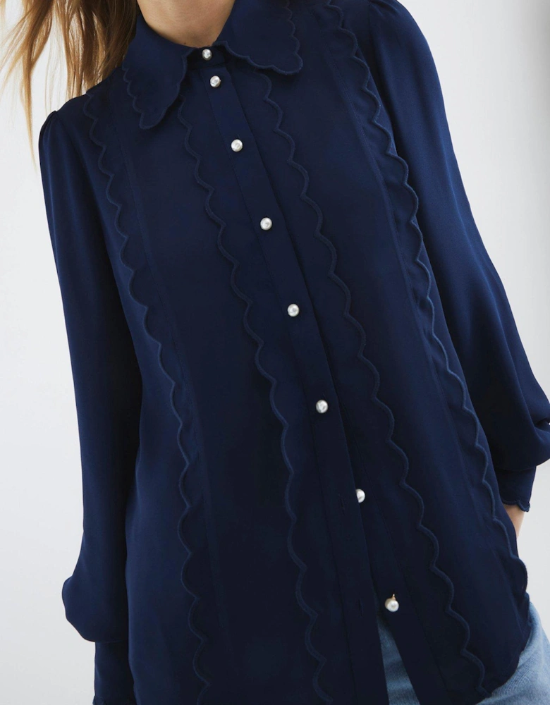 Scallop Detail Chiffon Shirt - Navy