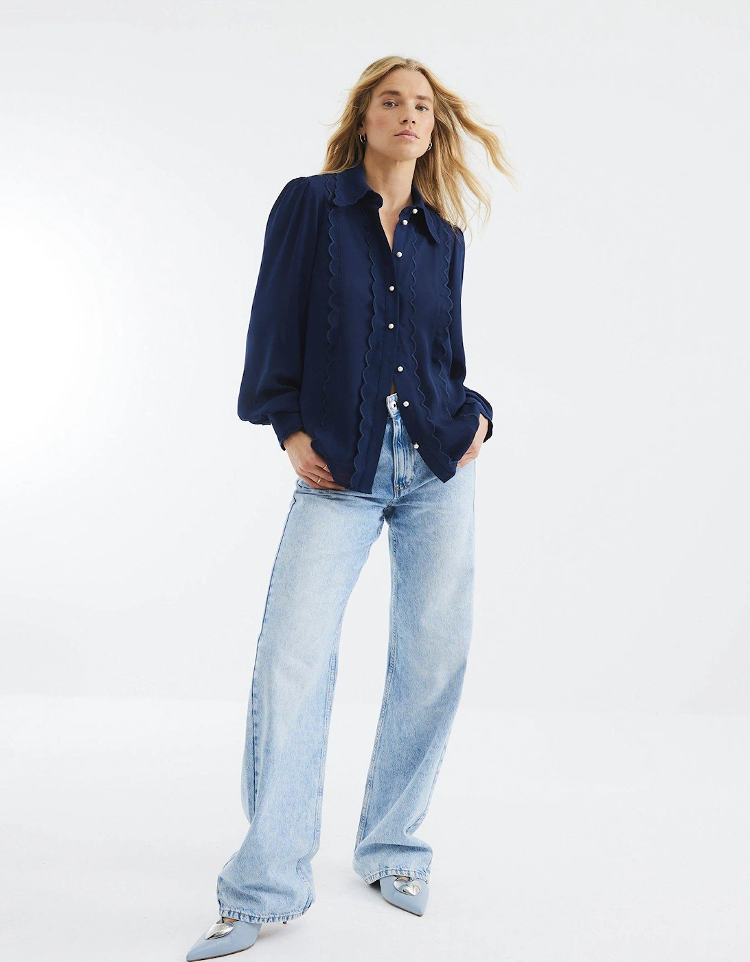 Scallop Detail Chiffon Shirt - Navy
