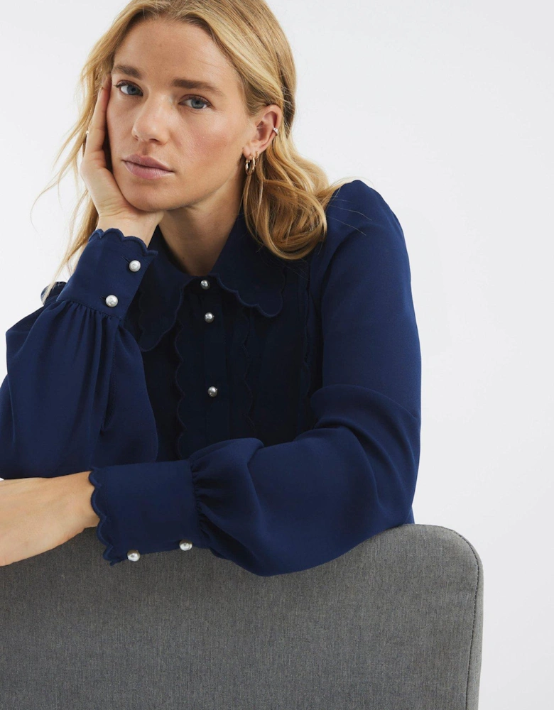 Scallop Detail Chiffon Shirt - Navy