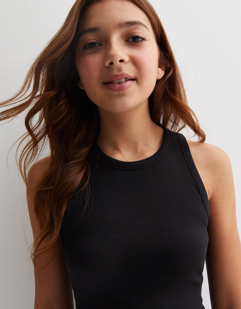 Girls Black Ribbed Racer Dress