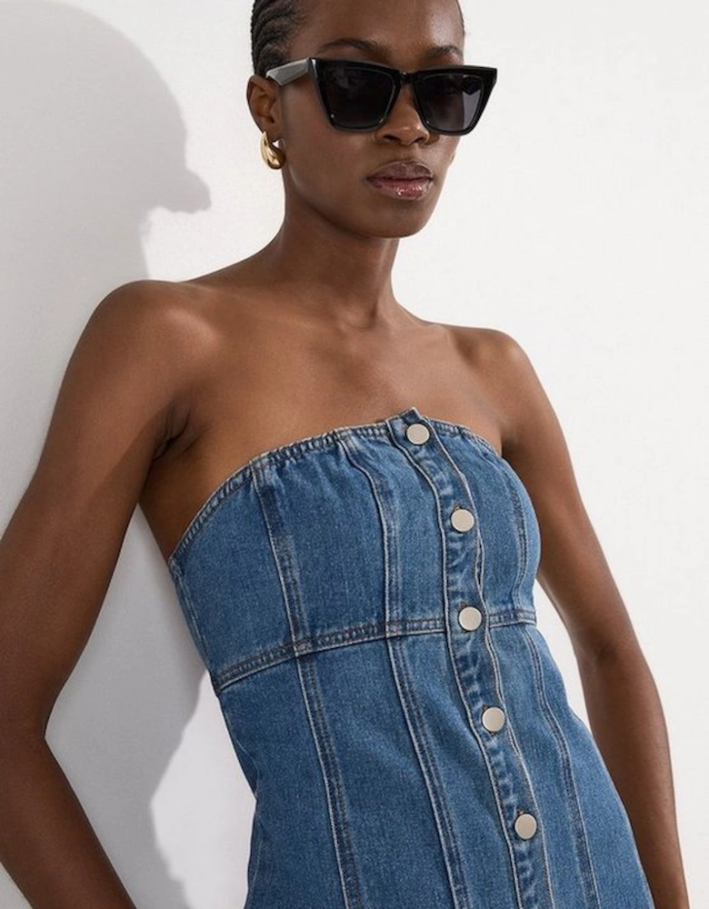 Denim Bandeau Button Midi Dress