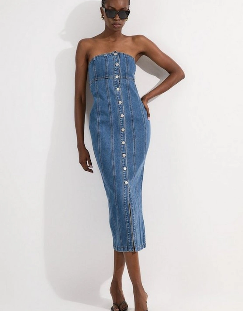Denim Bandeau Button Midi Dress