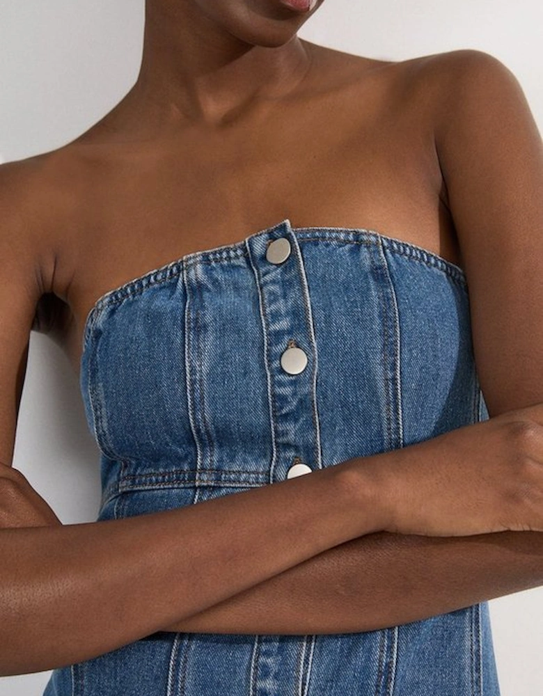 Denim Bandeau Button Midi Dress