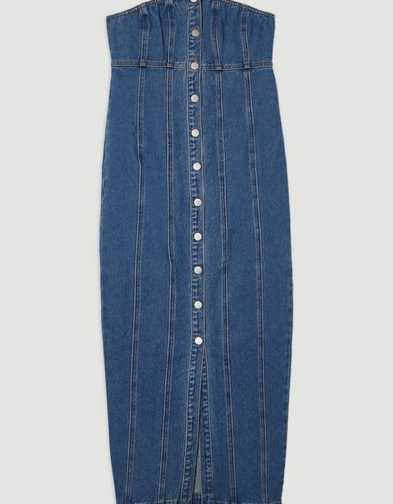 Denim Bandeau Button Midi Dress