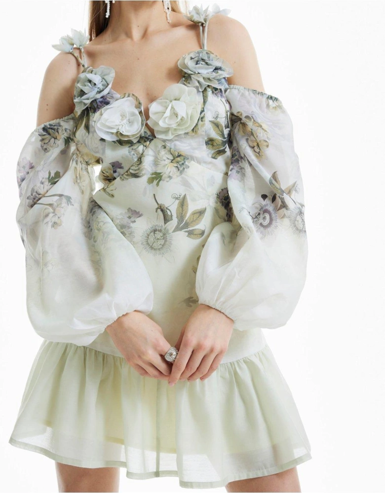 3D Floral Trimmed Sleeve Dress - Light