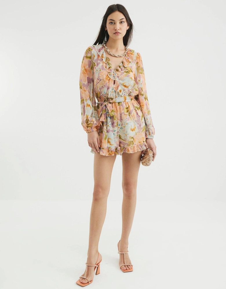Embellished Ruffle Playsuit - Orange