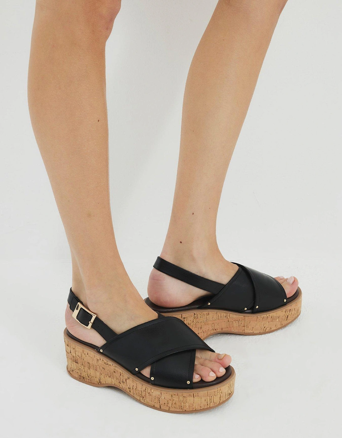 Cross Strap Sling Back Wedges - Black