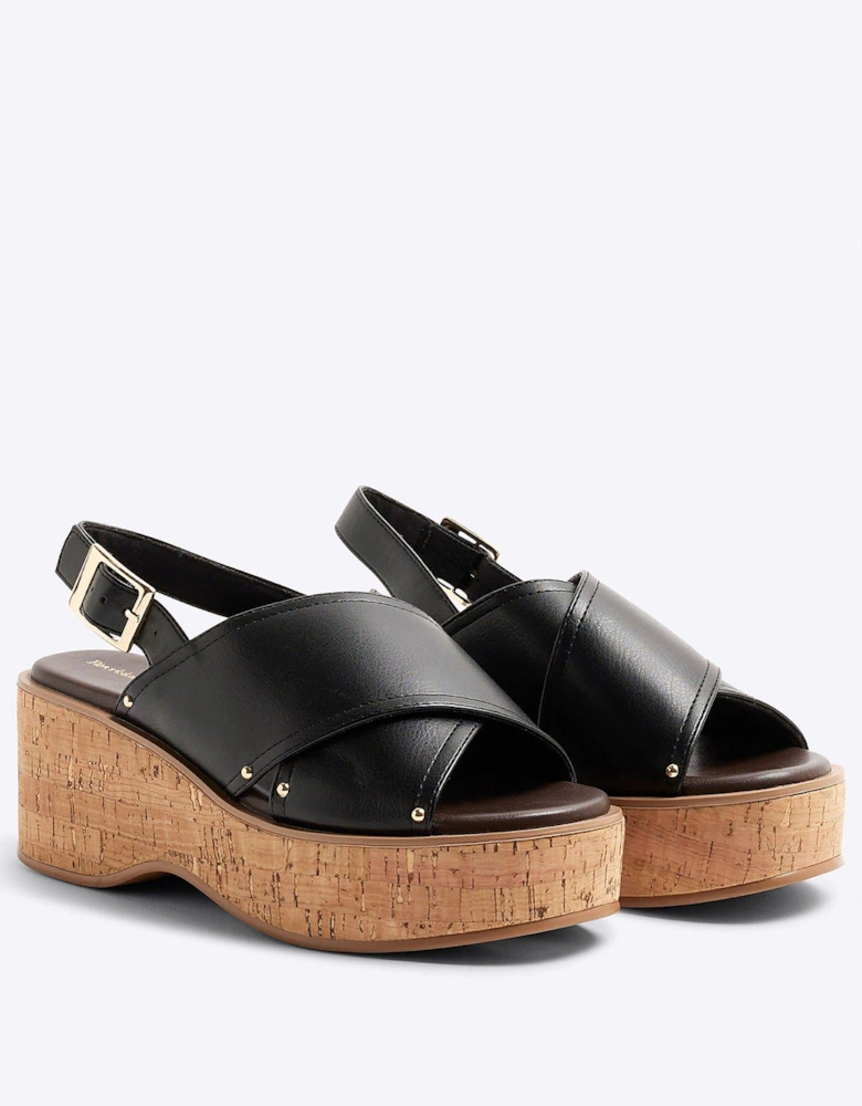 Cross Strap Sling Back Wedges - Black