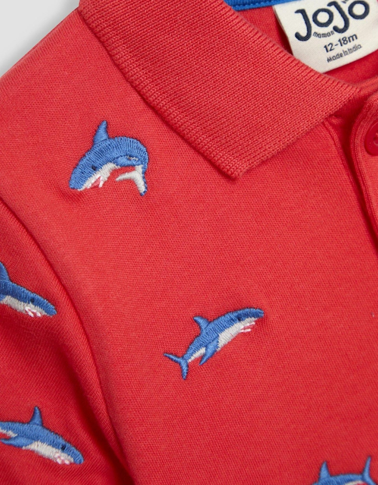 Boys Shark Embroidered Polo Shirt - Red