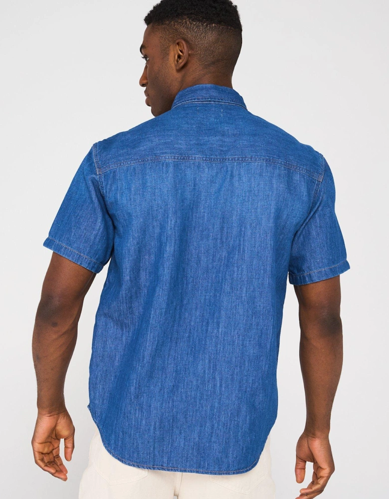 Regular Short Sleeve Denim Shirt - Blue
