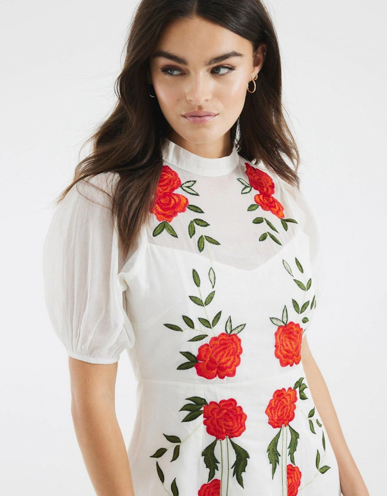Floral Applique Mini Dress - White