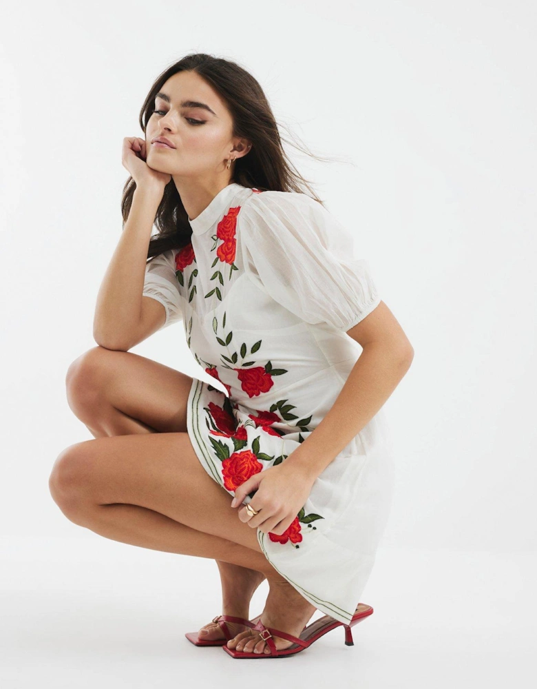 Floral Applique Mini Dress - White
