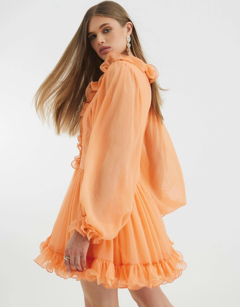 Ruffle Flounce Mini Dress - Coral - Pink