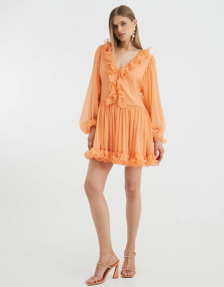 Ruffle Flounce Mini Dress - Coral - Pink