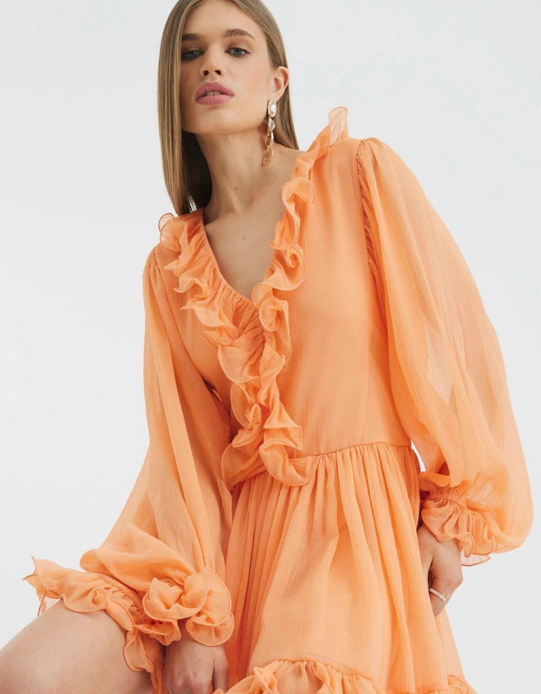 Ruffle Flounce Mini Dress - Coral - Pink