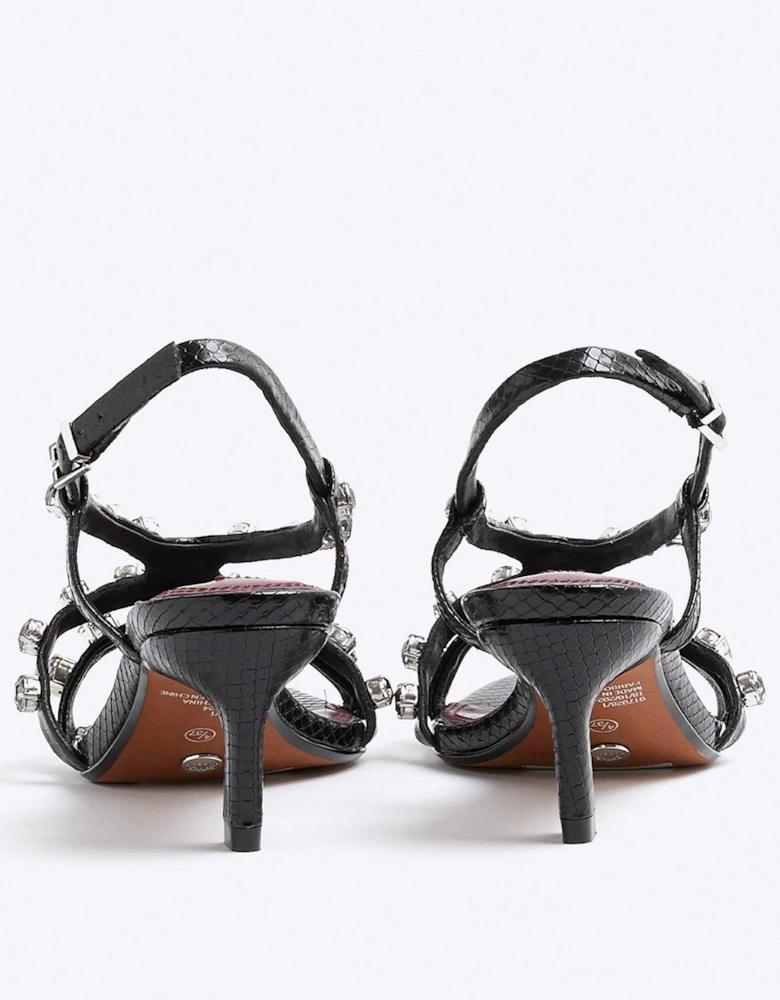 Gem Stone Heeled Sandals - Black