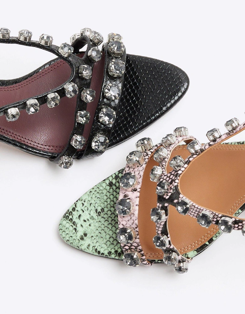 Gem Stone Heeled Sandals - Black