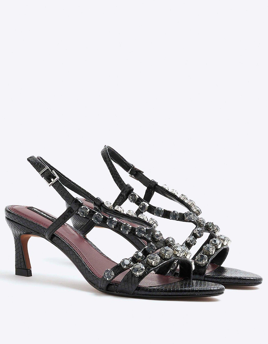 Gem Stone Heeled Sandals - Black
