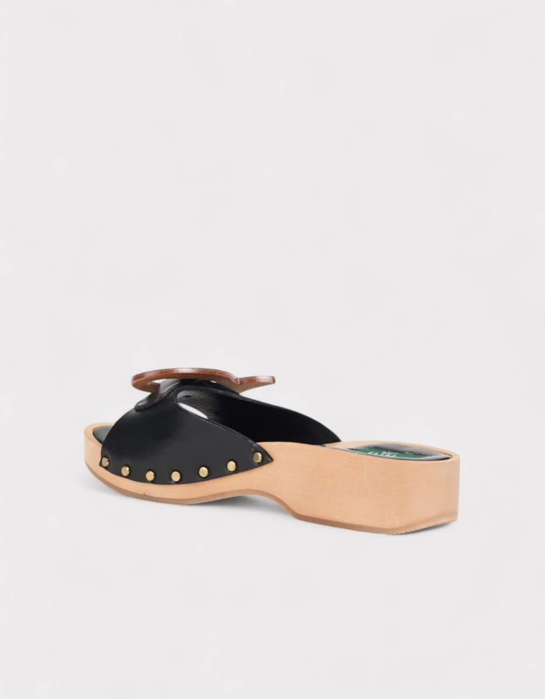 Appliquéd Leather Clog Sandals Black
