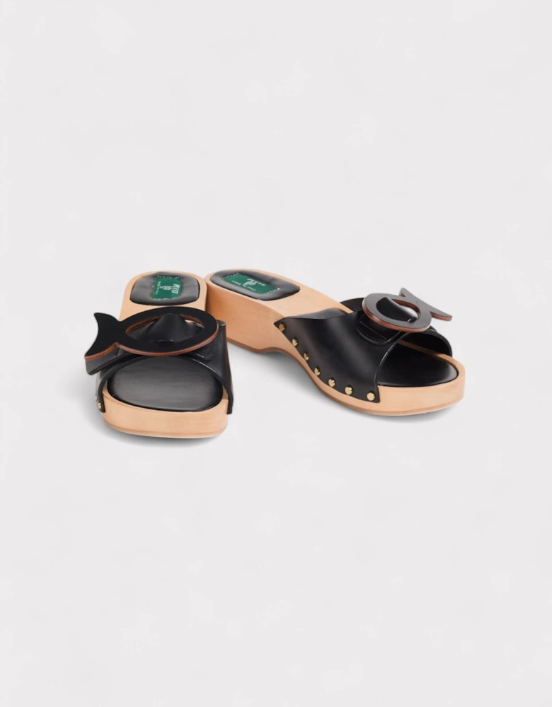 Appliquéd Leather Clog Sandals Black