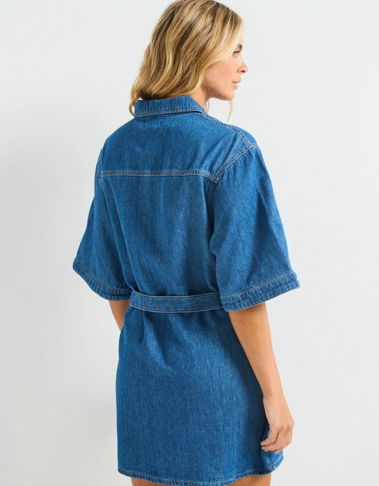 Denim Mini Shirt Dress - Blue