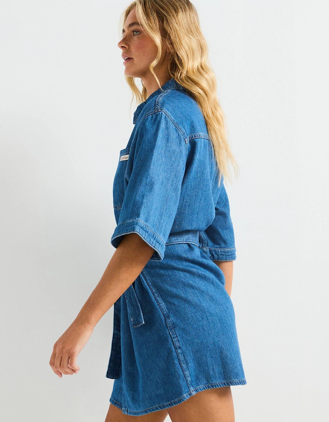 Denim Mini Shirt Dress - Blue
