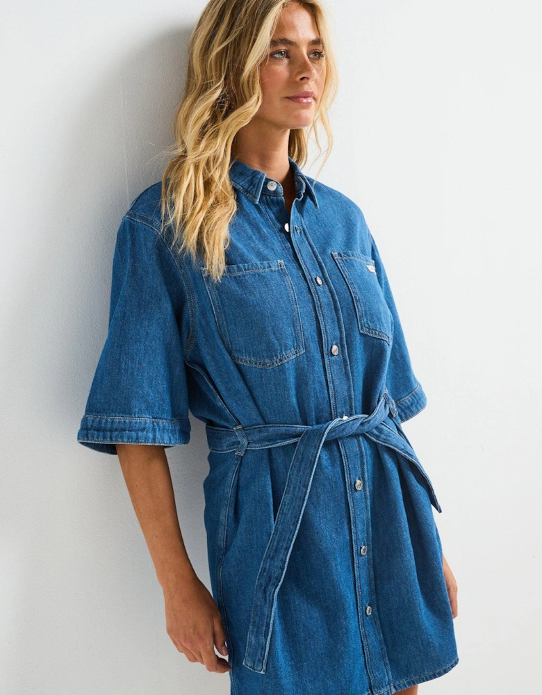 Denim Mini Shirt Dress - Blue