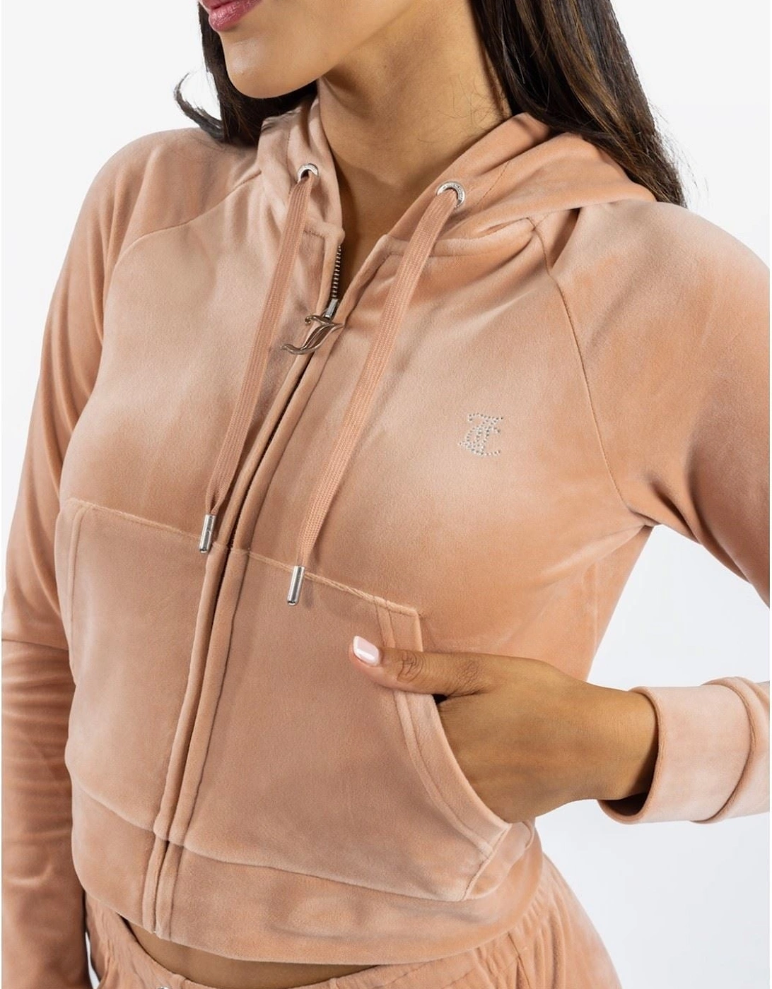 Classic Velour Hoodie With Juicy Logo Polyester Women's Beige Hooded Sweatshirt