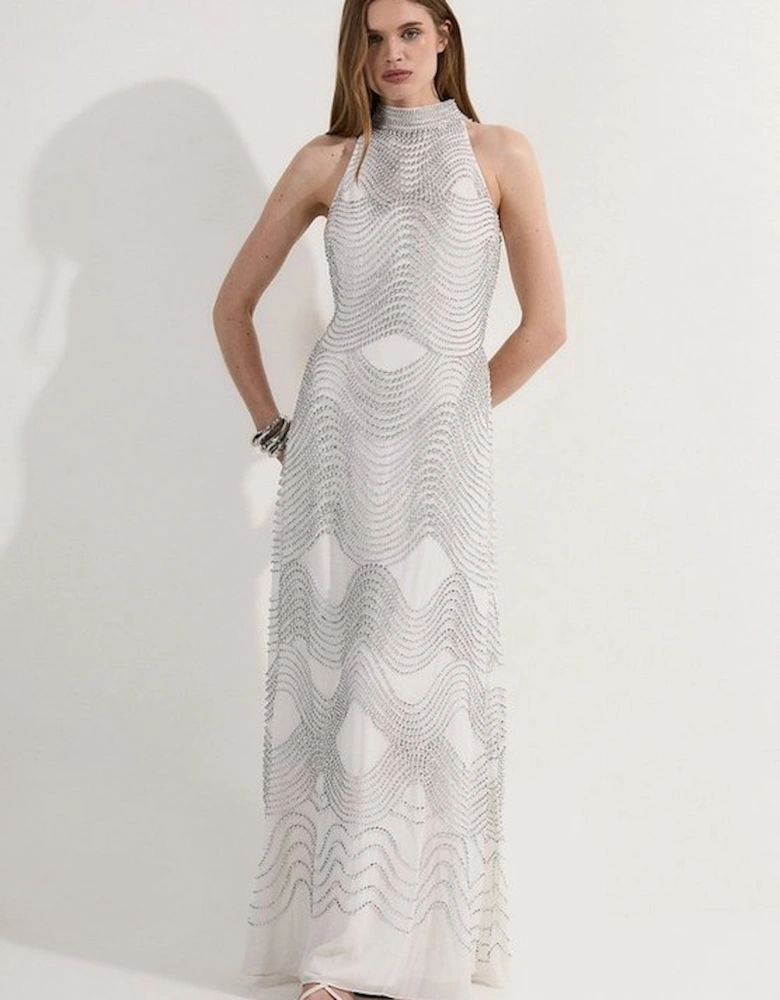 Embellished Geo Halter Woven Maxi Dress